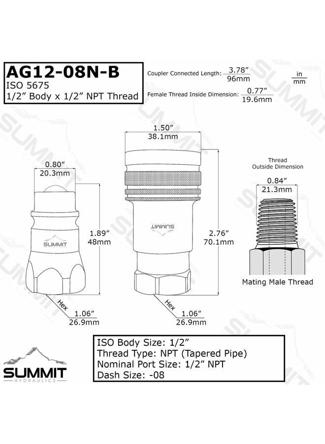 Summit Hydraulics 1/2" Ag ISO 5675 Quick Connect Tractor Couplers, Ball Pioneer Style w/Dust Caps, 2 Sets - Image 3