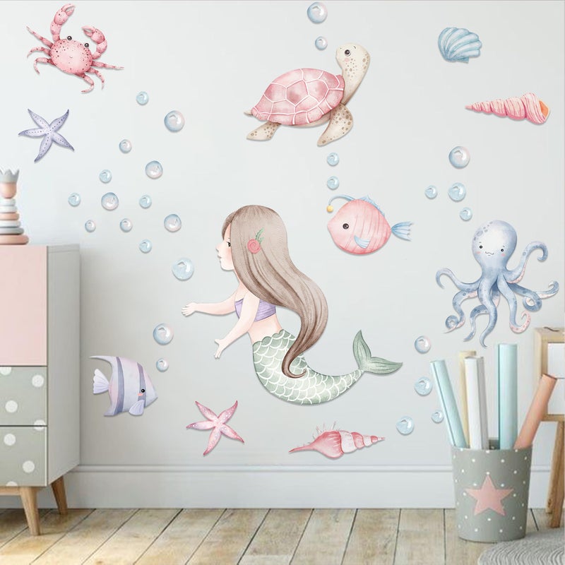 MUWEOL Under The Sea Mermaid Wall Decals Ocean Fish Turtle Wall Stickers Bathroom Girls Bedroom Baby Nursery Wall DecorationSea Animals Wall Stickers