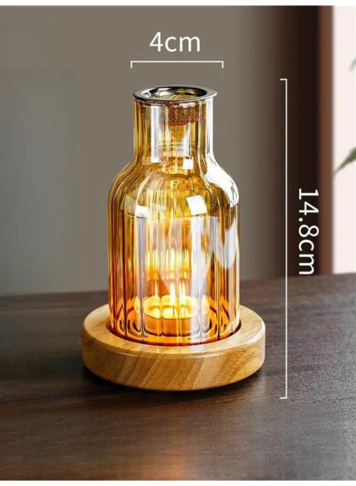 مبخرة عطر زجاجية مخططة رأسية عتيقة بقاعدة خشبية، مصباح عطر لعود والبخور والصندل، ديكور عطري للمنزل وغرف النوم