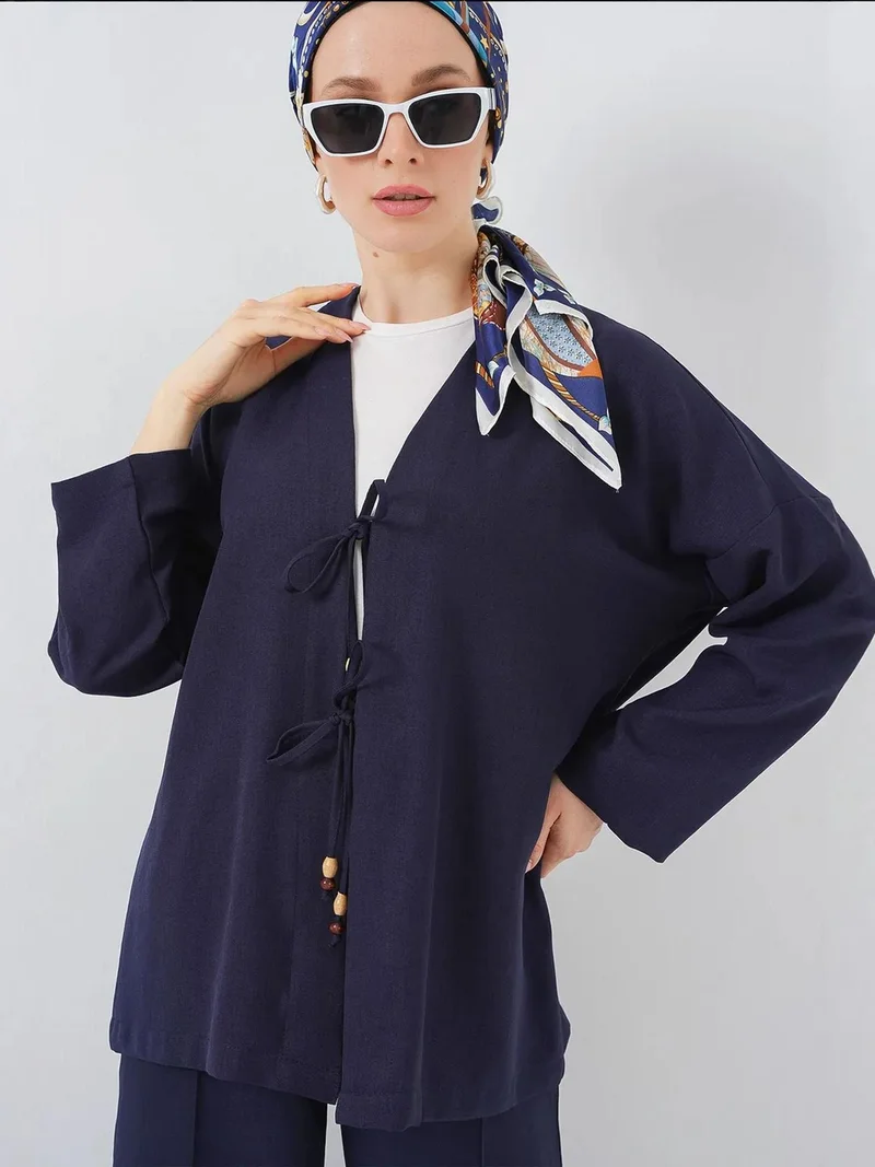 بيغ دارت طقم كارديجان برباط كتان وبنطلون واسع الساق بتفاصيل مضلعة