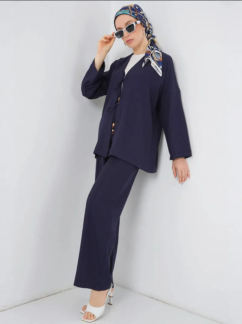 بيغ دارت طقم كارديجان برباط كتان وبنطلون واسع الساق بتفاصيل مضلعة