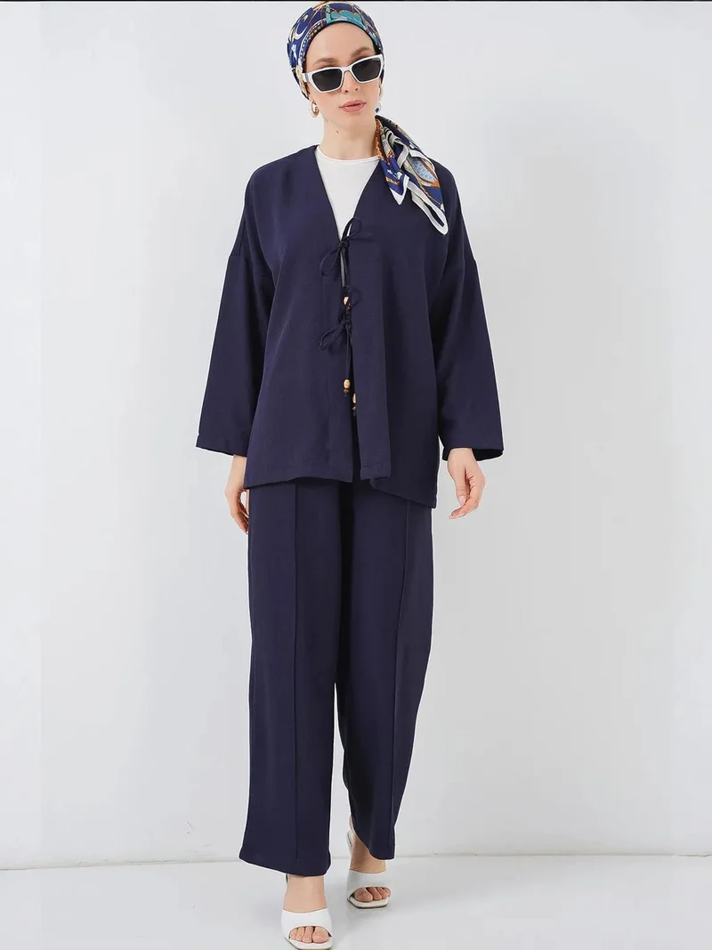 بيغ دارت طقم كارديجان برباط كتان وبنطلون واسع الساق بتفاصيل مضلعة