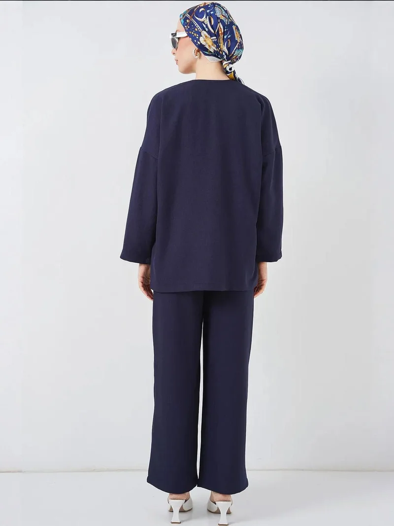 بيغ دارت طقم كارديجان برباط كتان وبنطلون واسع الساق بتفاصيل مضلعة