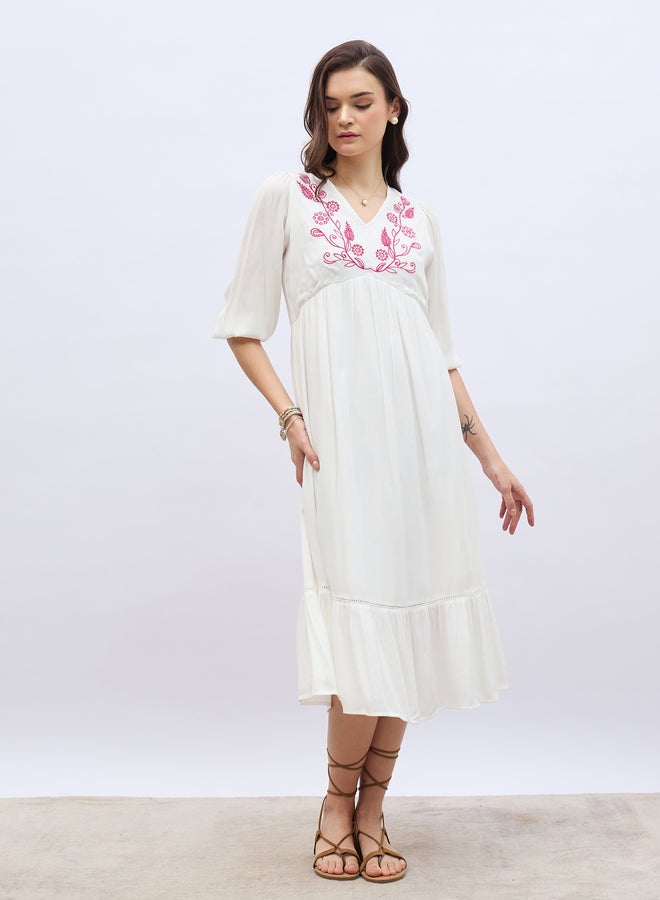 Styli Styli Embroidered V Neck A-Line Midi Dress  - Image 2