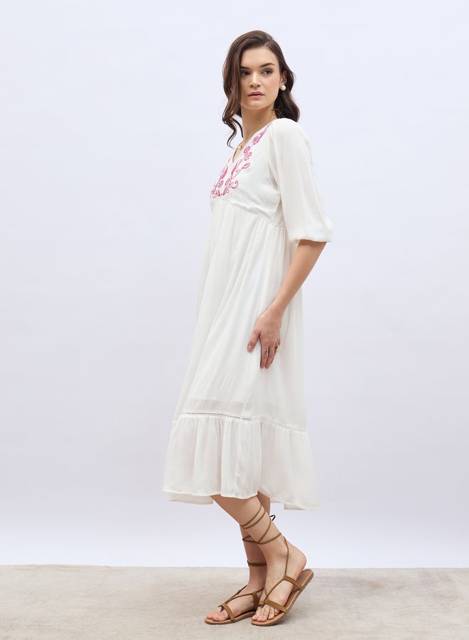 Styli Styli Embroidered V Neck A-Line Midi Dress  - Image 3