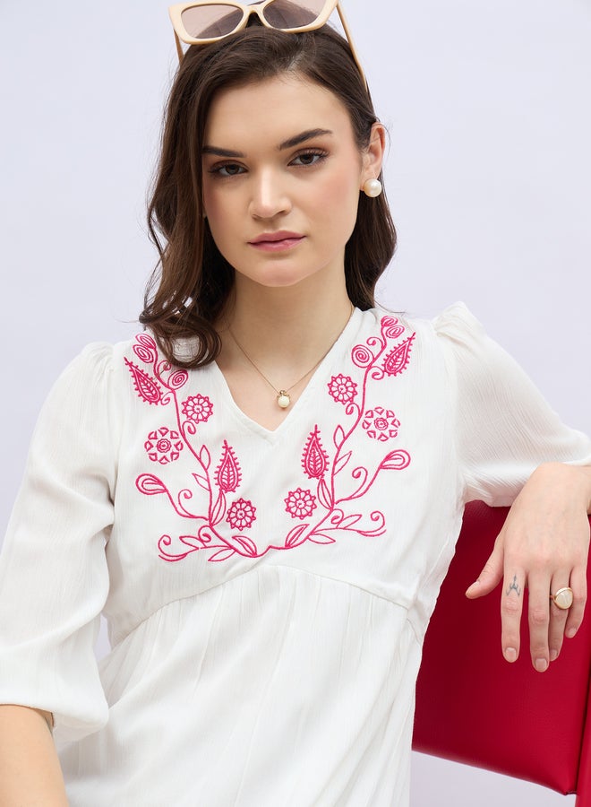 Styli Styli Embroidered V Neck A-Line Midi Dress  - Image 4