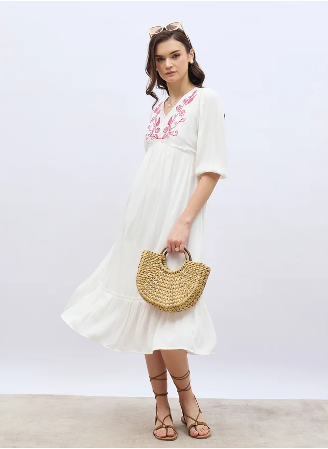 Styli Styli Embroidered V Neck A-Line Midi Dress