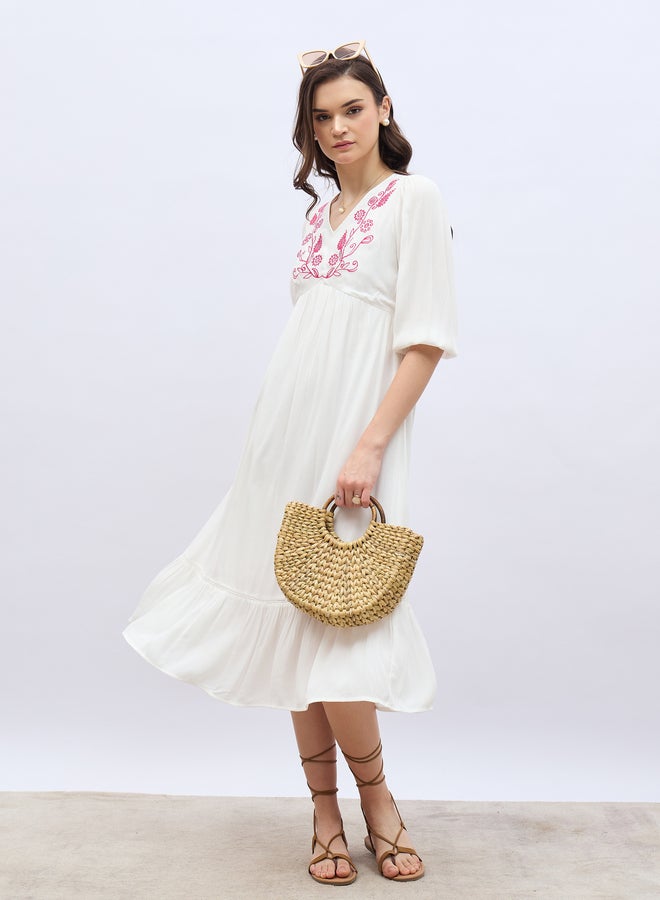 Styli Styli Embroidered V Neck A-Line Midi Dress  - Image 1