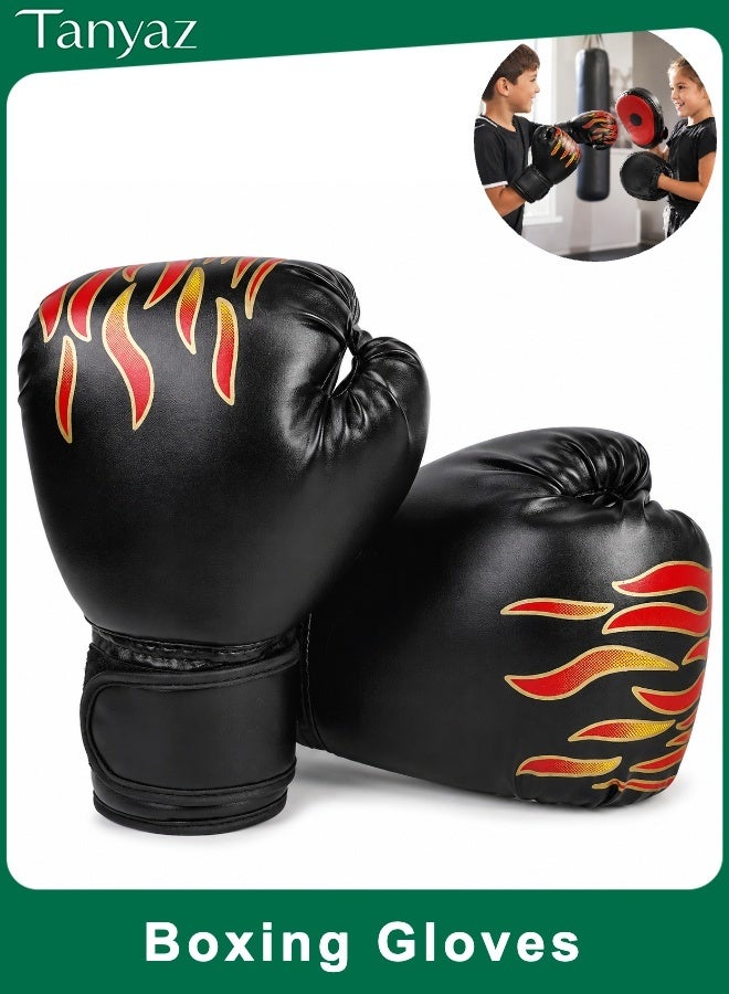 Tanyaz Boxing Gloves, Black Flame Training Gloves, PU Leather Boxing Gloves With Breathable Palm, Soft Lining, Durable Stitching, For Fitness Practice And Gym Workouts (15*22*8 CM) - Image 1