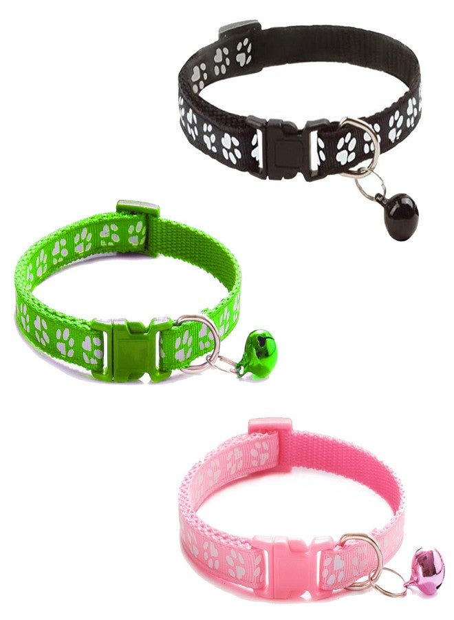 Litvibes Cat Collars Set of 3 with Bell,Kitten & Small Dogs Soft Adjustable Collar Safe,Solid & Protection Breakaway for Cats & Puppies,Cute Kitty Neckband with Paw Print- (Pink,Black,Neon Green) - Image 1