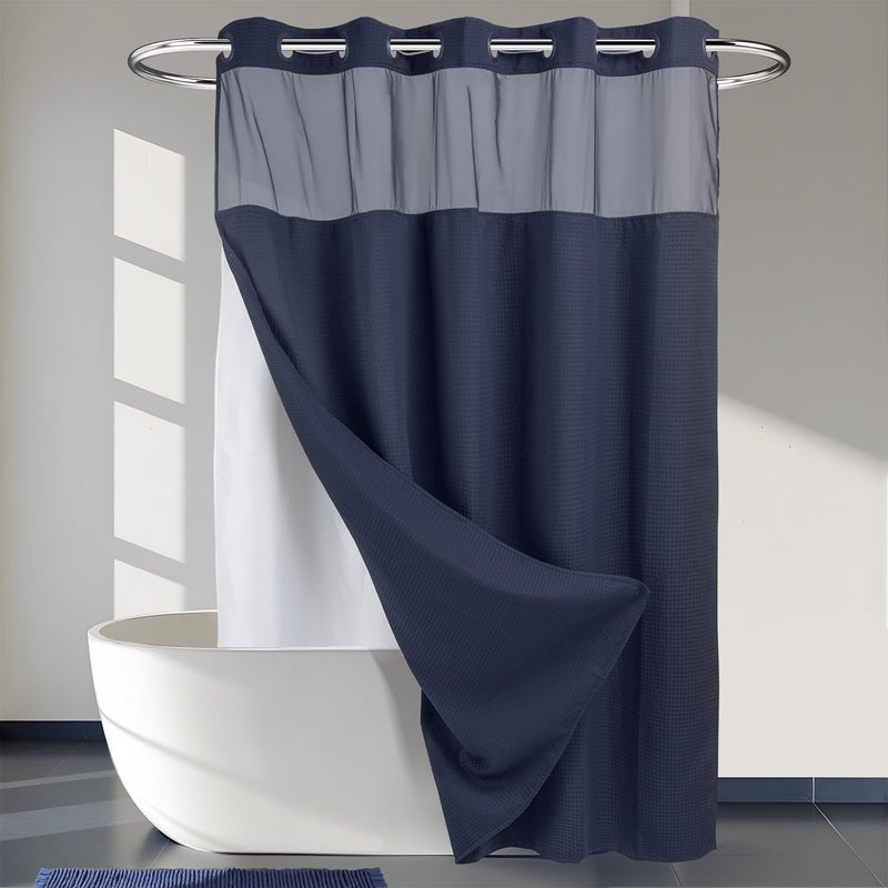 Heavyweight Navy Blue No Hooks Required Dotted Waffle Weave Shower Curtain with Snap in Liner  71W x 74HHotel GradeSpa Like Bath Curtain
