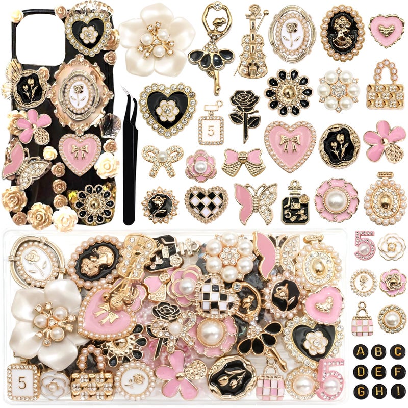 BELICEY Junk Case Charms Kit Gold Pink Flower Big Charm for Junk Cases 3D Vintage Bow Heart Rose Phone Case Charms Flatback Butterfly for DIY Personalization - Image 1