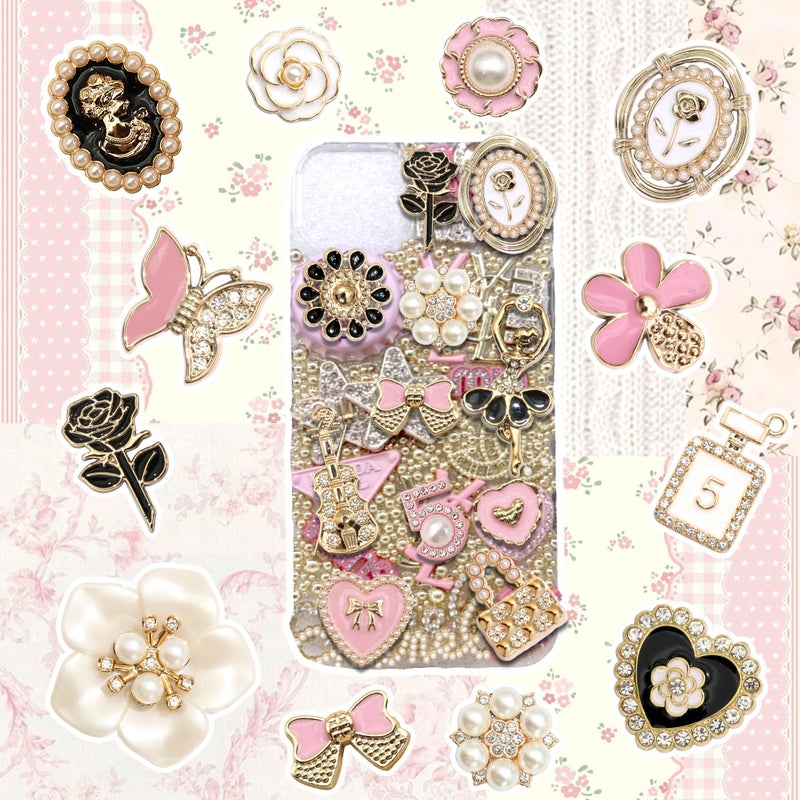 BELICEY Junk Case Charms Kit Gold Pink Flower Big Charm for Junk Cases 3D Vintage Bow Heart Rose Phone Case Charms Flatback Butterfly for DIY Personalization - Image 4