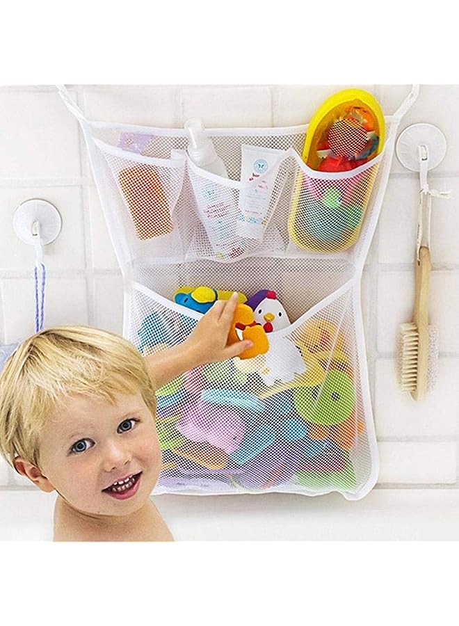 Raxoom Bath Toy Organizer With 2M Strong Sticky Hooks, Mesh Net, Bathtub Bag with 3X Soap & Shampoo Pockets (11x16, Large, White) - Image 1