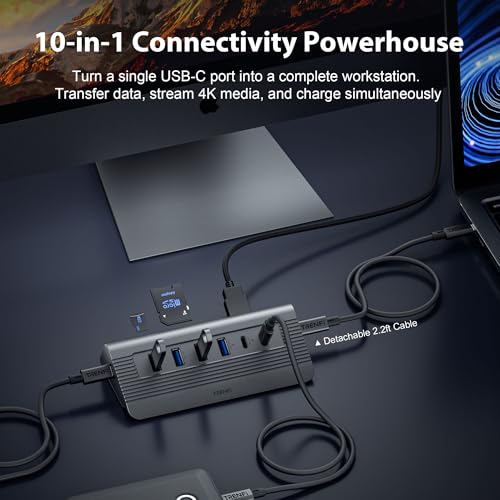 TRENFI 10-in-1 USB C Hub with Detachable Cable, USB 3.2 Gen2 10Gbps, 4K 60Hz HDMI, 100W PD, SD/TF Reader - Aluminum Docking Station for Laptop, PC, MacBook Pro/Air M1-M5, Mac mini, iPad Pro - Image 2