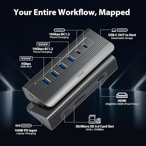 TRENFI 10-in-1 USB C Hub with Detachable Cable, USB 3.2 Gen2 10Gbps, 4K 60Hz HDMI, 100W PD, SD/TF Reader - Aluminum Docking Station for Laptop, PC, MacBook Pro/Air M1-M5, Mac mini, iPad Pro - Image 4