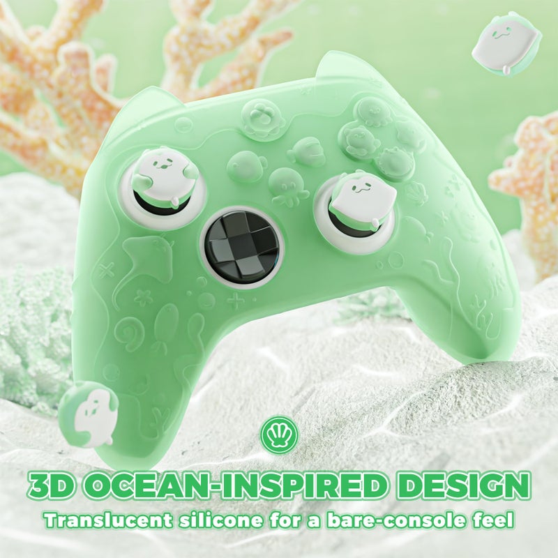 PlayVital for Xbox Series X/S Controller Silicone Cover, Semi-Clear Cute Ocean Whisper Series Silicone Skin for Xbox Core Wireless Controller w/Thumb Grip & Sticker, Full Protection - Pastel Green - Image 2