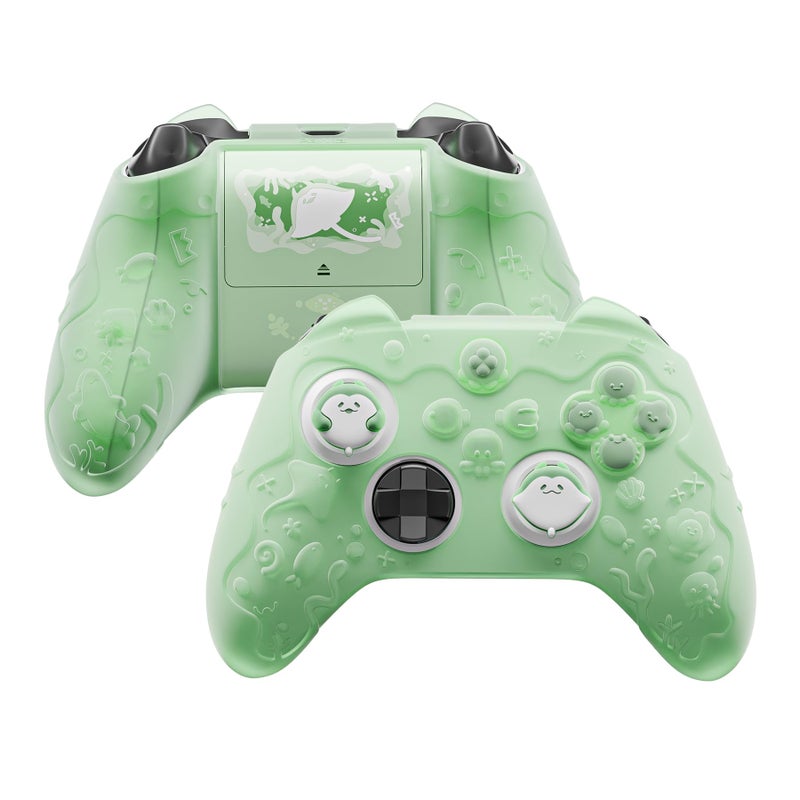 PlayVital for Xbox Series X/S Controller Silicone Cover, Semi-Clear Cute Ocean Whisper Series Silicone Skin for Xbox Core Wireless Controller w/Thumb Grip & Sticker, Full Protection - Pastel Green - Image 1