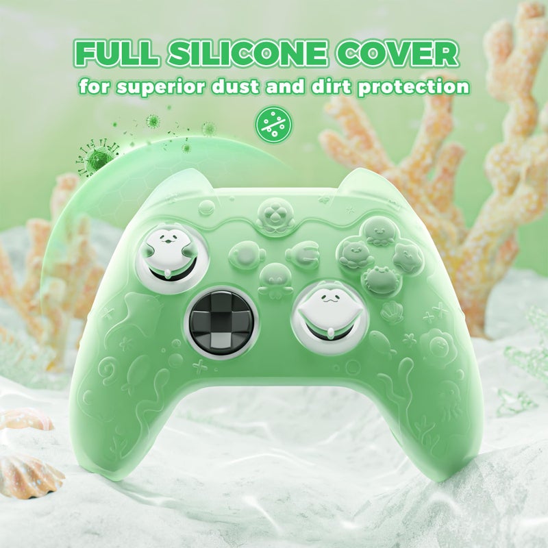 PlayVital for Xbox Series X/S Controller Silicone Cover, Semi-Clear Cute Ocean Whisper Series Silicone Skin for Xbox Core Wireless Controller w/Thumb Grip & Sticker, Full Protection - Pastel Green - Image 4