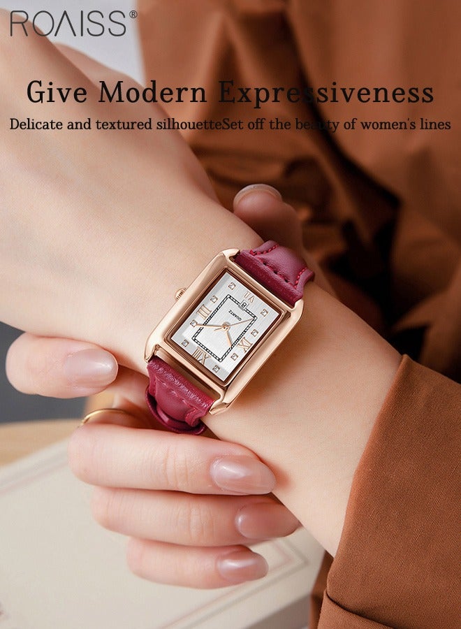رويس ساعة كوارتز جلدية عتيقة للنساء، شاشة عرض تناظرية، مينا مستطيلة مع نافذة للتاريخ، ساعة يد فاخرة مقاومة للماء، هدية للسيدات - Image 2