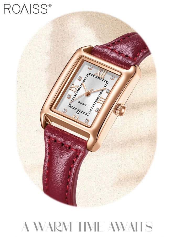 رويس ساعة كوارتز جلدية عتيقة للنساء، شاشة عرض تناظرية، مينا مستطيلة مع نافذة للتاريخ، ساعة يد فاخرة مقاومة للماء، هدية للسيدات - Image 3
