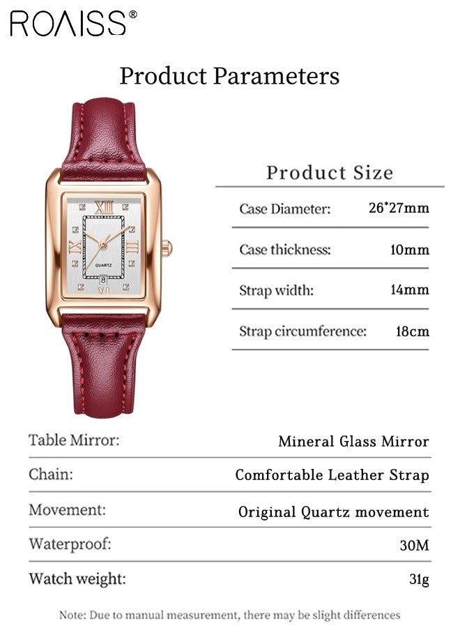 رويس ساعة كوارتز جلدية عتيقة للنساء، شاشة عرض تناظرية، مينا مستطيلة مع نافذة للتاريخ، ساعة يد فاخرة مقاومة للماء، هدية للسيدات - Image 4