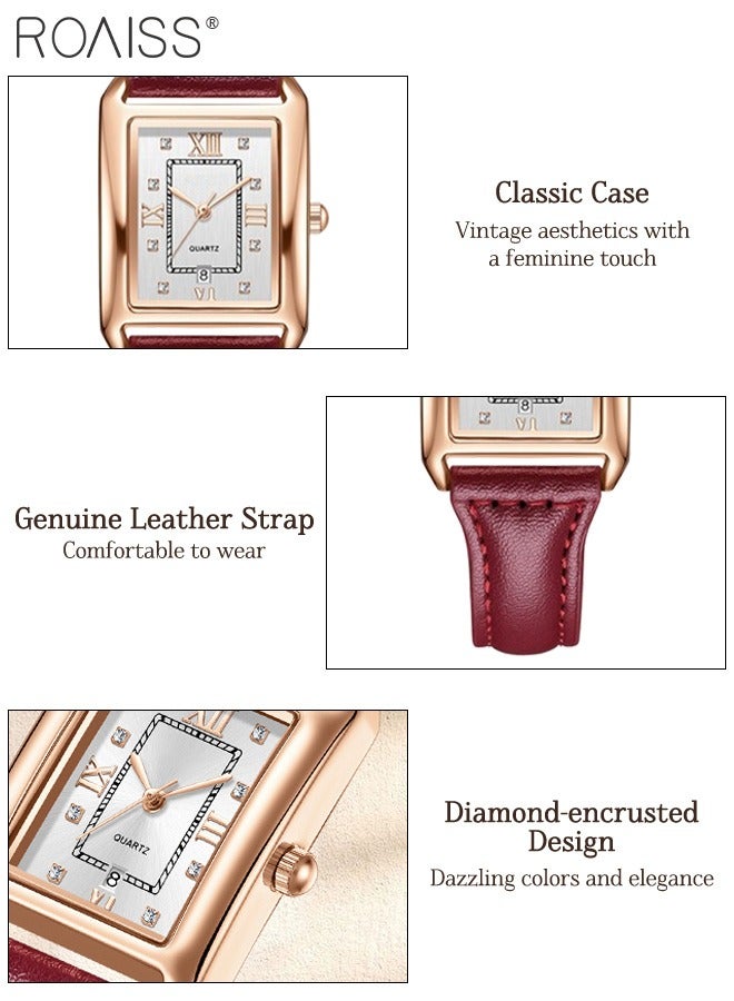 رويس ساعة كوارتز جلدية عتيقة للنساء، شاشة عرض تناظرية، مينا مستطيلة مع نافذة للتاريخ، ساعة يد فاخرة مقاومة للماء، هدية للسيدات - Image 5