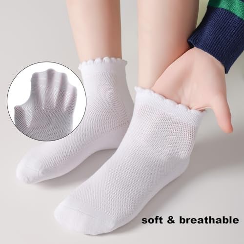 EPEIUS Girls Ankle Socks,Seamless Soft Cotton Ruffle Socks,Cute White for School Uniform Thin Breathable 6-8 Years old White 5 Pack - Image 5