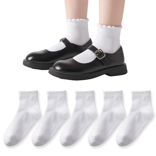 EPEIUS Girls Ankle Socks,Seamless Soft Cotton Ruffle Socks,Cute White for School Uniform Thin Breathable 6-8 Years old White 5 Pack - Image 1