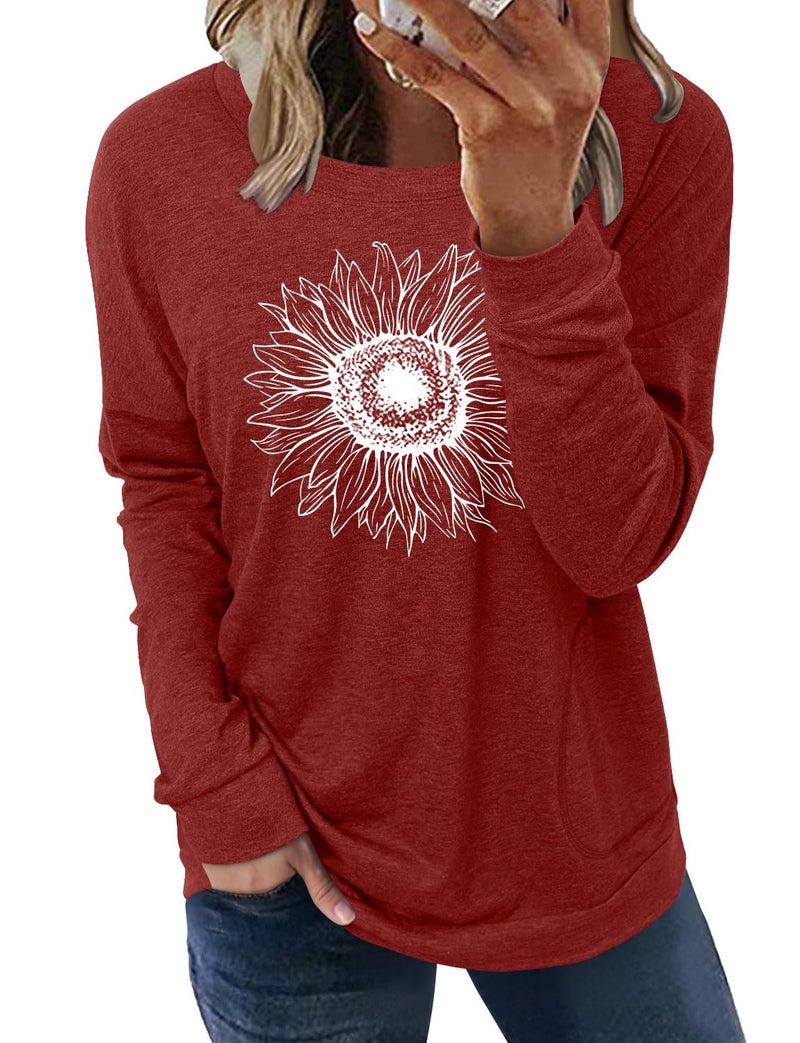 onlypuff Long Sleeve Shirt for Women Fall Tops Ladies Blouse Pocket T Shirt Graphic Loose Fitting RedWhte XXL - Image 1