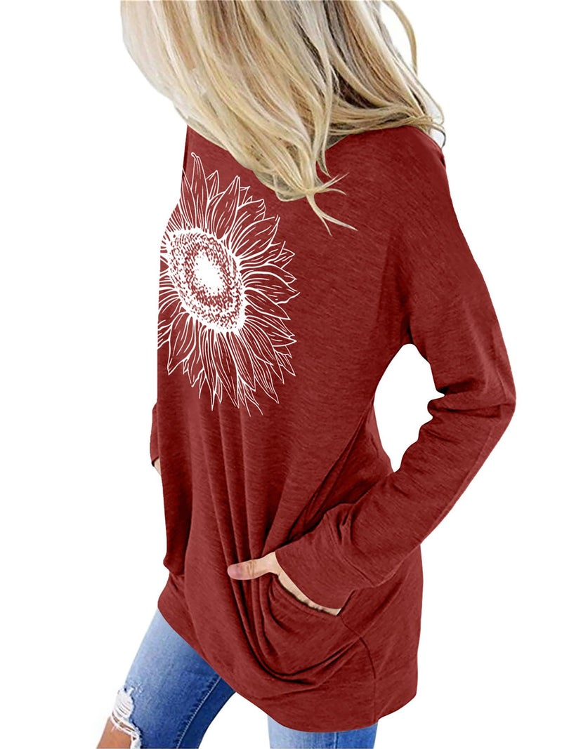 onlypuff Long Sleeve Shirt for Women Fall Tops Ladies Blouse Pocket T Shirt Graphic Loose Fitting RedWhte XXL - Image 3