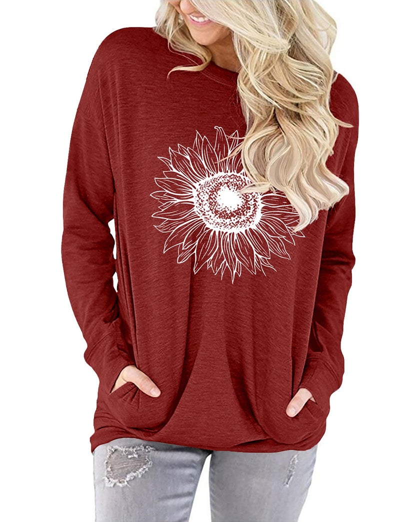 onlypuff Long Sleeve Shirt for Women Fall Tops Ladies Blouse Pocket T Shirt Graphic Loose Fitting RedWhte XXL - Image 2