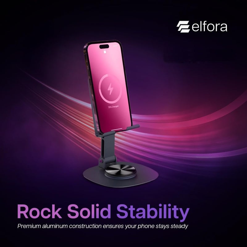 Elfora Rotatable 360° Metal Mobile Stand | Angle Adjustable Desk Phone Holder | Sturdy Anti Slip Base | Compatible with iPhone, Samsung, OnePlus, Xiaomi, Oppo, Vivo, Realme & More(Space Grey) - Image 4