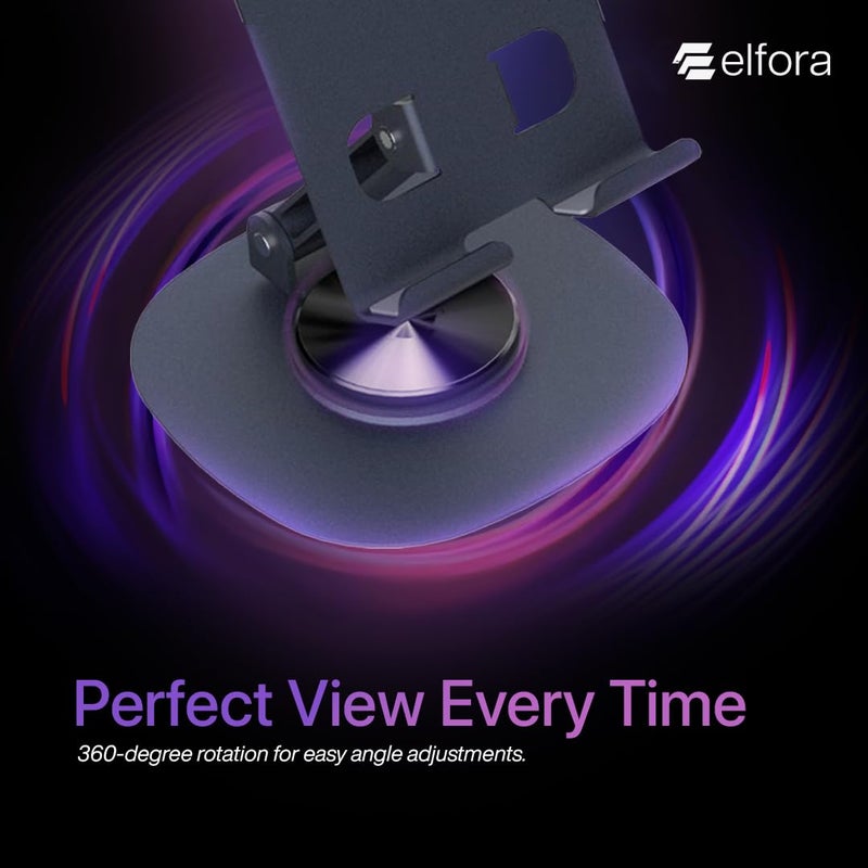 Elfora Rotatable 360° Metal Mobile Stand | Angle Adjustable Desk Phone Holder | Sturdy Anti Slip Base | Compatible with iPhone, Samsung, OnePlus, Xiaomi, Oppo, Vivo, Realme & More(Space Grey) - Image 2