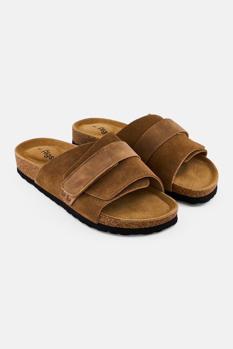 Algspar Men Velcro Closure Cork Sandals, Tan - Image 1