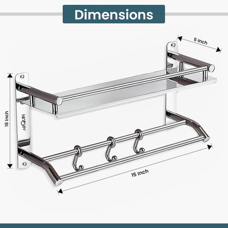 ARQUIN Bathroom Shelf 5x15x5 Inch 304 Stainless Steel Bathroom Racks and Shelves | Multipurpose Rack with Towel Hooks and Hanger | Stand Shelf with Towel Rod Stand and Loofa Hooks - Image 4