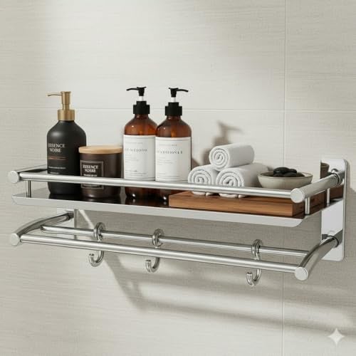 ARQUIN Bathroom Shelf 5x15x5 Inch 304 Stainless Steel Bathroom Racks and Shelves | Multipurpose Rack with Towel Hooks and Hanger | Stand Shelf with Towel Rod Stand and Loofa Hooks - Image 1