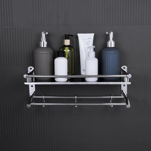 ARQUIN Bathroom Shelf 5x15x5 Inch 304 Stainless Steel Bathroom Racks and Shelves | Multipurpose Rack with Towel Hooks and Hanger | Stand Shelf with Towel Rod Stand and Loofa Hooks - Image 3