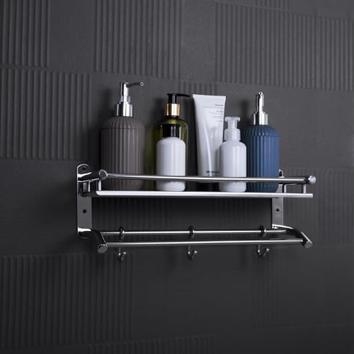 ARQUIN Bathroom Shelf 5x15x5 Inch 304 Stainless Steel Bathroom Racks and Shelves | Multipurpose Rack with Towel Hooks and Hanger | Stand Shelf with Towel Rod Stand and Loofa Hooks - Image 2