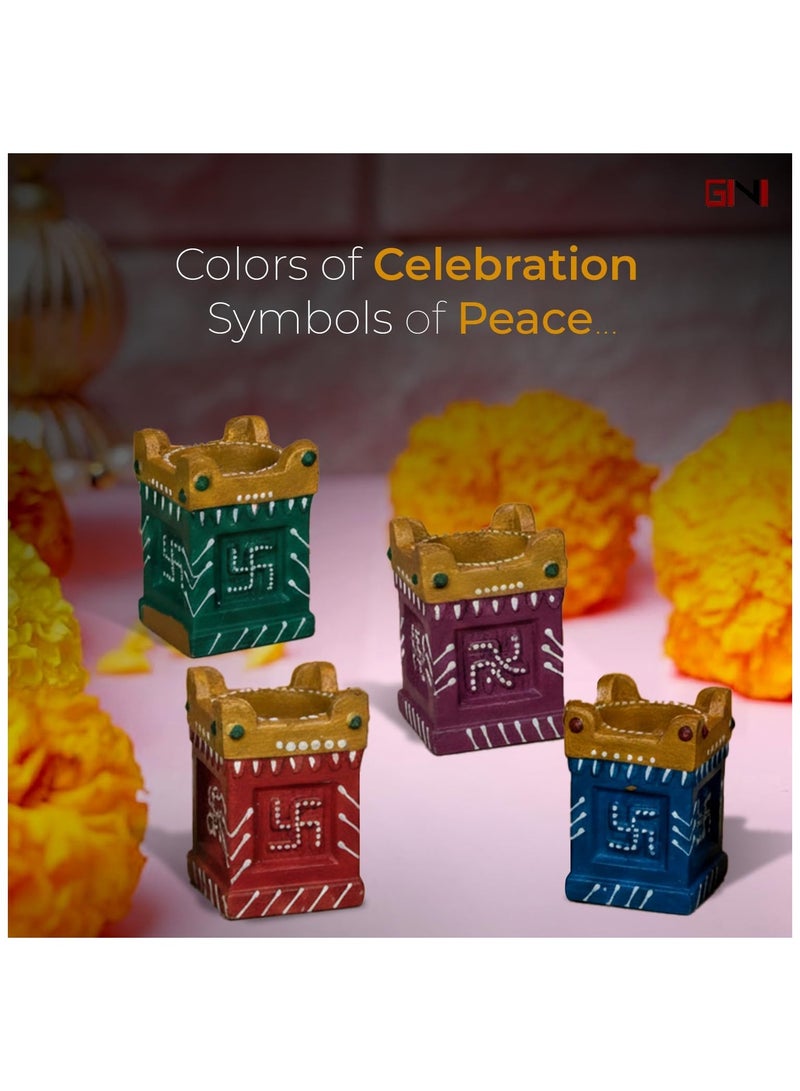 جيني مجموعة ديا تولسي مزخرفة من جيني - ديا تقليدية قابلة لإعادة الاستخدام، بدون شمع، عبوة من 4 قطع، للطقوس الدينية، والإضاءة الاحتفالية، والديكور الروحي، تصميم متنوع - Image 2