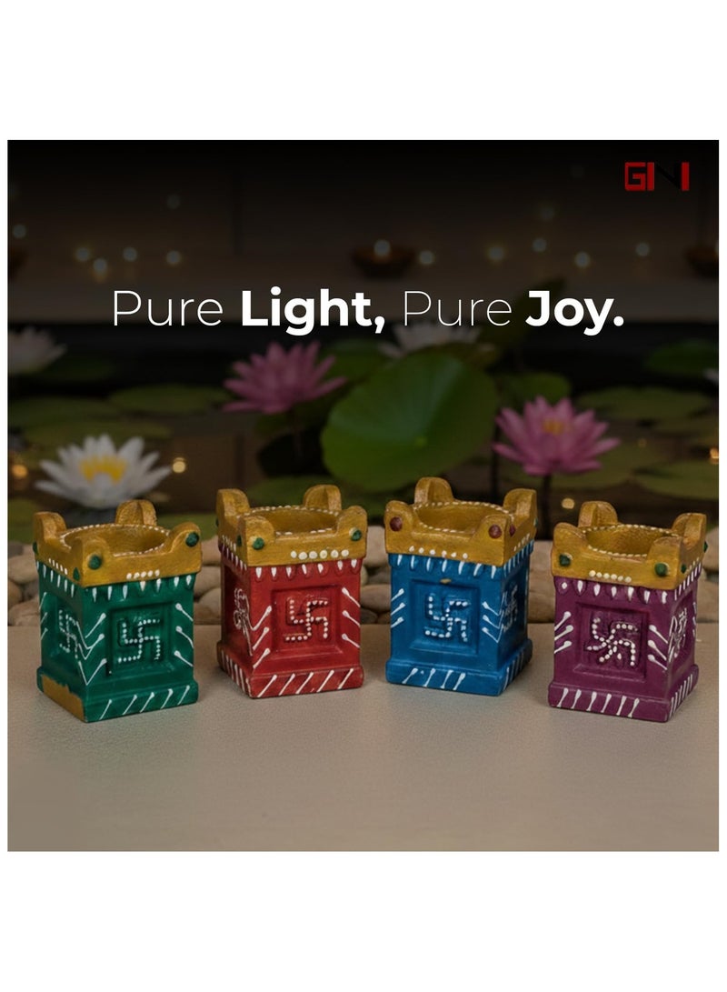 جيني مجموعة ديا تولسي مزخرفة من جيني - ديا تقليدية قابلة لإعادة الاستخدام، بدون شمع، عبوة من 4 قطع، للطقوس الدينية، والإضاءة الاحتفالية، والديكور الروحي، تصميم متنوع - Image 4