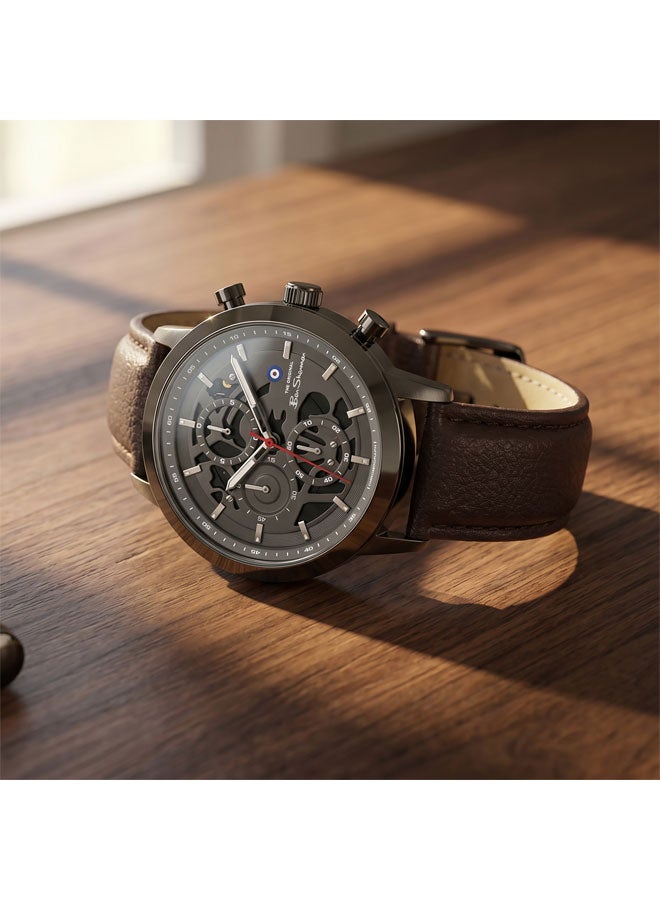 Ben Sherman Nottingham Gunmetal Dial Gunmetal Genuine Leather Strap Chronograph Watch for Men, 44mm - Image 4