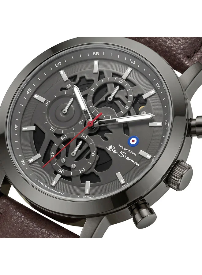Ben Sherman Nottingham Gunmetal Dial Gunmetal Genuine Leather Strap Chronograph Watch for Men, 44mm