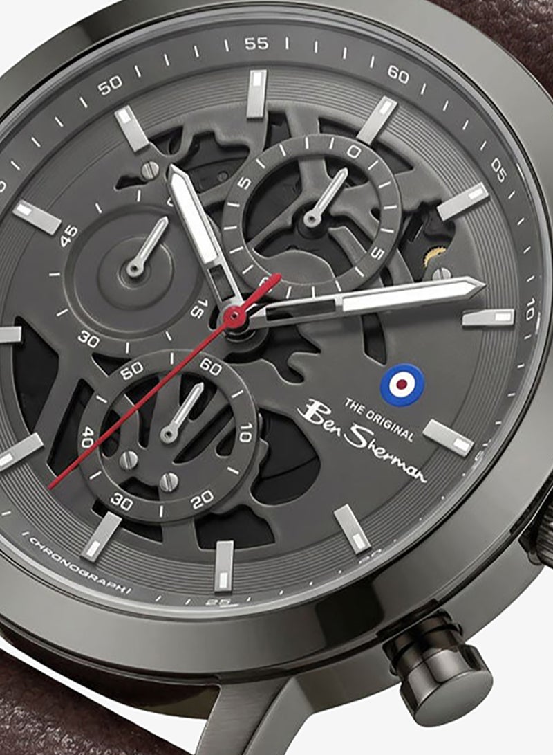 Ben Sherman Nottingham Gunmetal Dial Gunmetal Genuine Leather Strap Chronograph Watch for Men, 44mm - Image 2