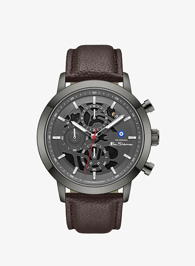 Ben Sherman Nottingham Gunmetal Dial Gunmetal Genuine Leather Strap Chronograph Watch for Men, 44mm