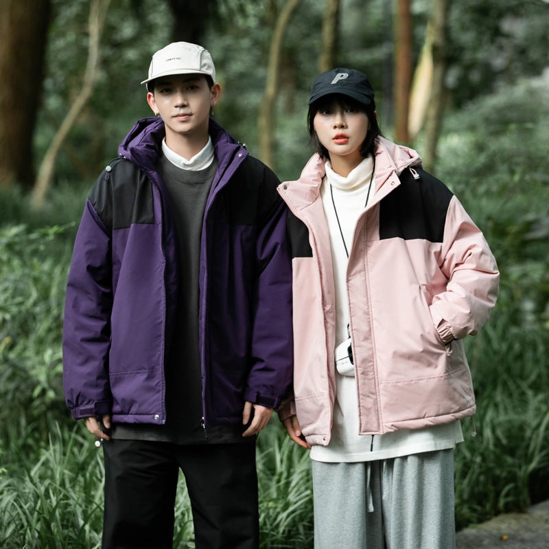 Popular Cotton-Padded Clothes For Couples Winter Color Matching Casual Waterproof Removable Hooded Graphene Thermal Storage Lock Warm Coat - Image 2
