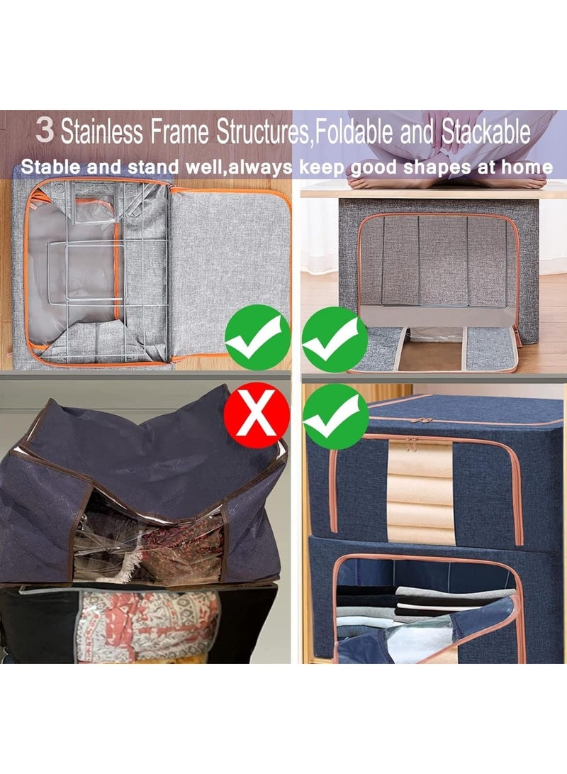 Clothes Storage Bins with Metal Frame，Foldable Storage Bins with Lids Zipper Clear Window Reinforced Handles，Stackable Storage Box Organizer for Clothing Bedding, 66L - Image 4