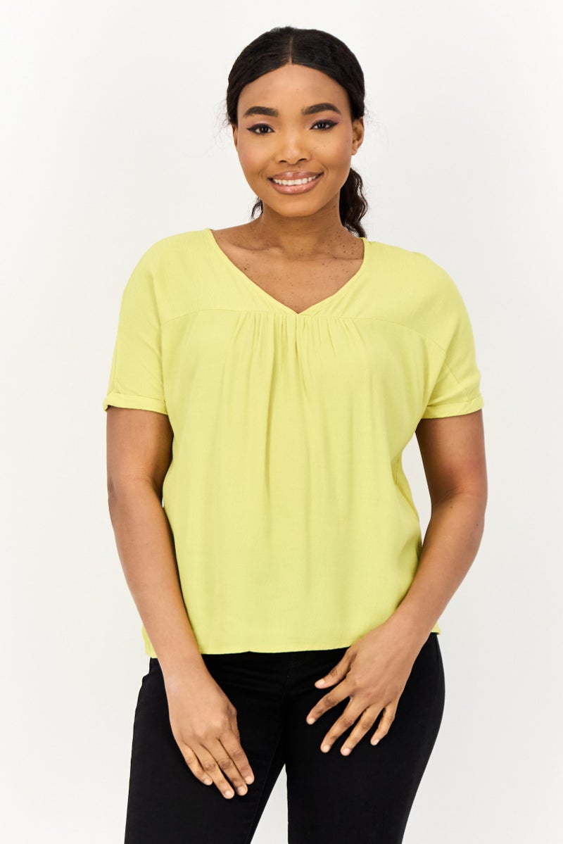 ONLY Women V Neck Short Sleeves Plain Top, Light Yellow - Image 1