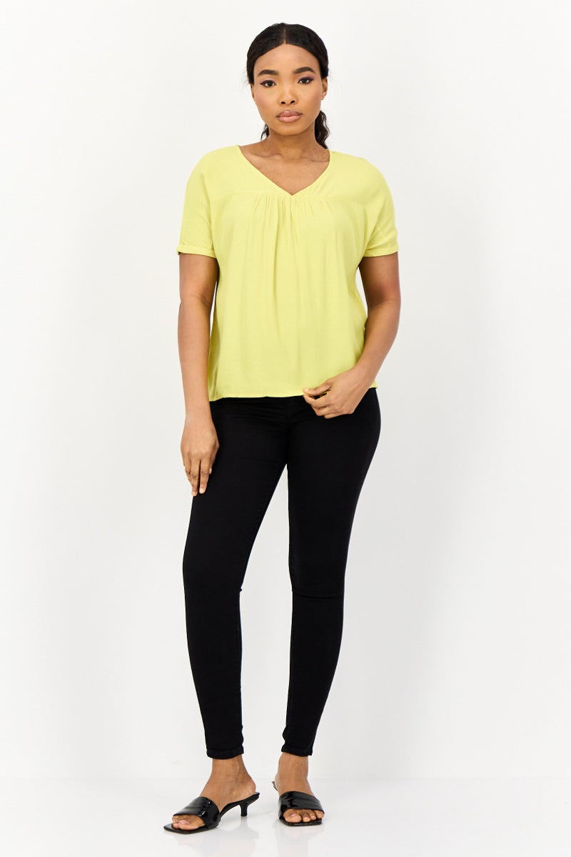 ONLY Women V Neck Short Sleeves Plain Top, Light Yellow - Image 3