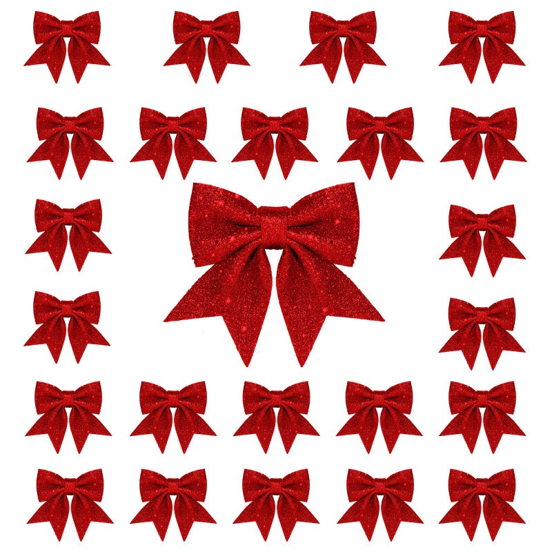 Whaline 24pcs 55 Red Wreath Bows Small Xmas Decorative Sequin Ties Bow Ornaments for Home Party